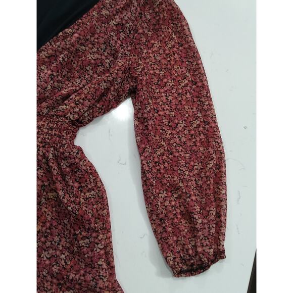 Coquette burgundy/pink Ditzy Floral dress mock waist, tiered Romantic Boho sheer - Picture 6 of 8